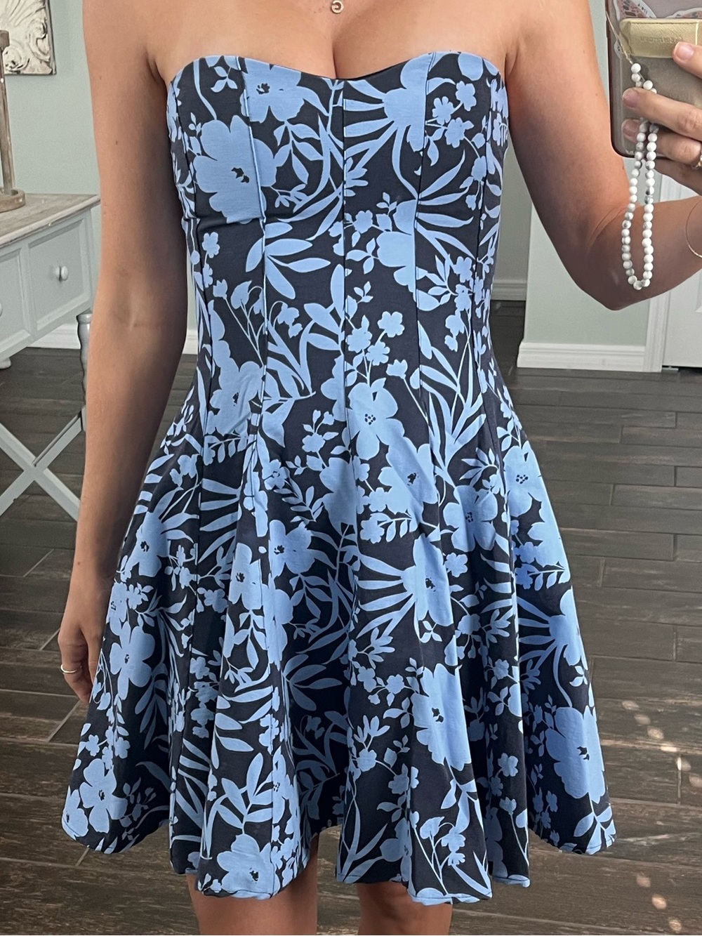 Altar'd State Navy & Blue Strapless Floral Fit-and-Flare Dress